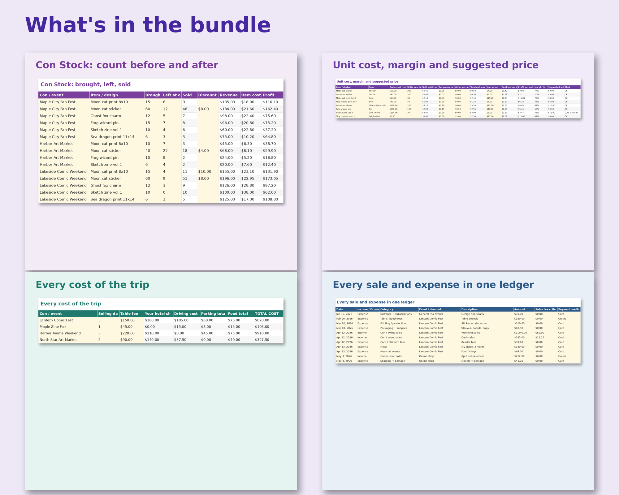 Artist Alley & Convention Seller Spreadsheet Bundle sample screenshot 1